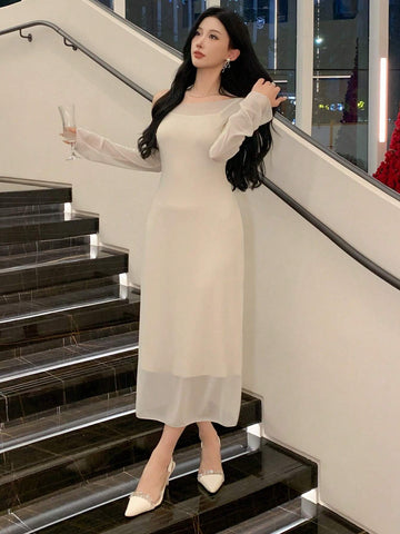 DAZY Women's Solid Color Asymmetric Neck Long Sleeve Elegant Dress