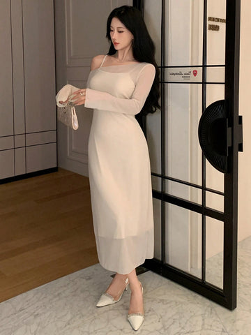 DAZY Women's Solid Color Asymmetric Neck Long Sleeve Elegant Dress
