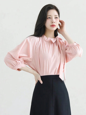 DAZY Women's Solid Color Bow Tie Cuff 3/4 Sleeve V-Neck Blouse