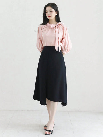 DAZY Women's Solid Color Bow Tie Cuff 3/4 Sleeve V-Neck Blouse