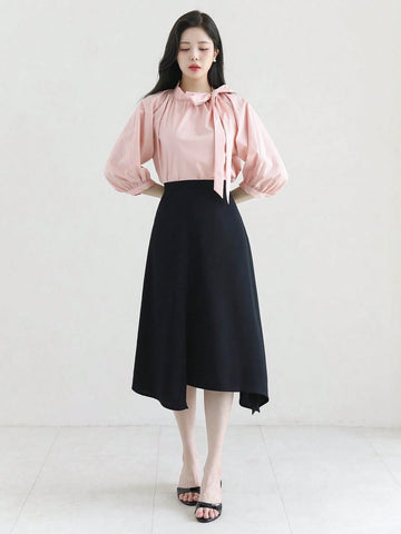 DAZY Women's Solid Color Bow Tie Cuff 3/4 Sleeve V-Neck Blouse