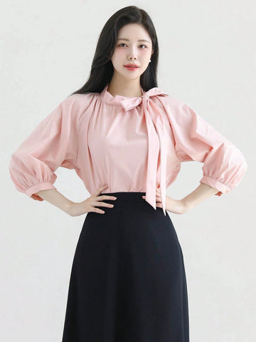 DAZY Women's Solid Color Bow Tie Cuff 3/4 Sleeve V-Neck Blouse