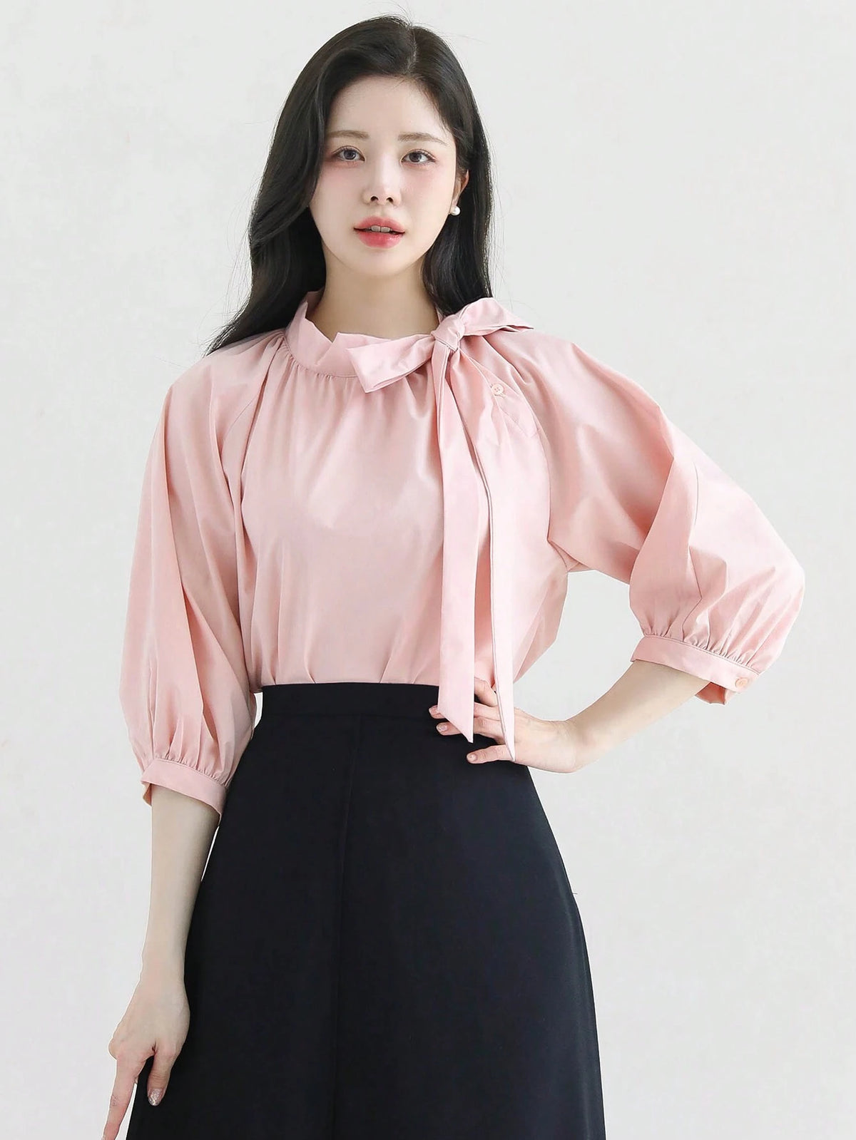 DAZY Women's Solid Color Bow Tie Cuff 3/4 Sleeve V-Neck Blouse