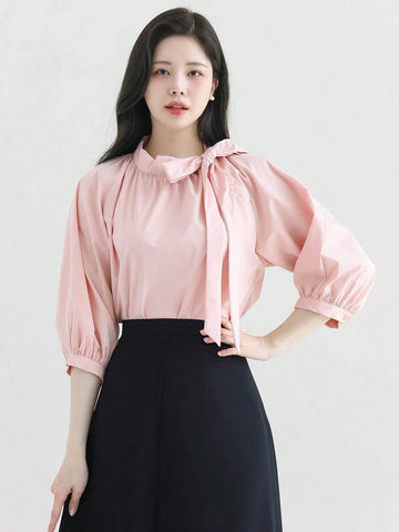 DAZY Women's Solid Color Bow Tie Cuff 3/4 Sleeve V-Neck Blouse