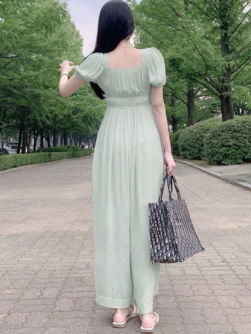 DAZY Women's Solid Color Breast Folding Short Sleeve Jumpsuit With Square Neckline For Summer