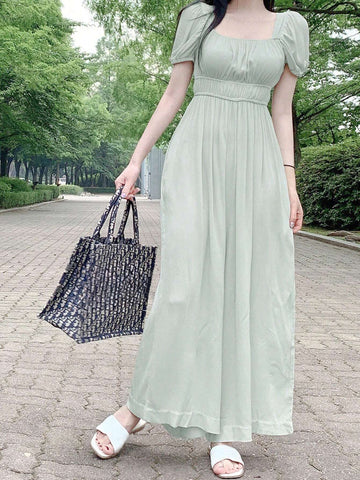 DAZY Women's Solid Color Breast Folding Short Sleeve Jumpsuit With Square Neckline For Summer