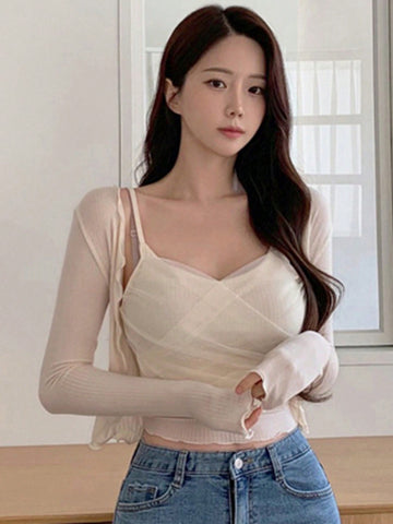DAZY Women's Solid Color Camisole Open Front Cardigan 2pcs/Set