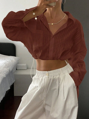 DAZY Women's Solid Color Collared Long Sleeve Drawstring Hem Blouse