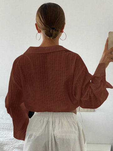 DAZY Women's Solid Color Collared Long Sleeve Drawstring Hem Blouse