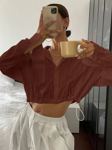 DAZY Women's Solid Color Collared Long Sleeve Drawstring Hem Blouse