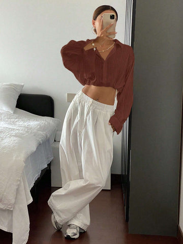 DAZY Women's Solid Color Collared Long Sleeve Drawstring Hem Blouse