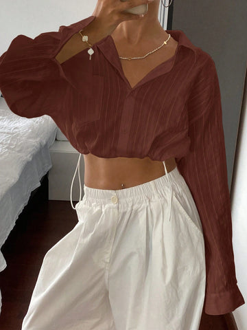 DAZY Women's Solid Color Collared Long Sleeve Drawstring Hem Blouse