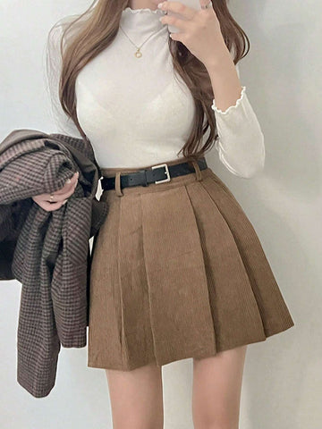 DAZY Women's Solid Color Corduroy Pleated Skirt