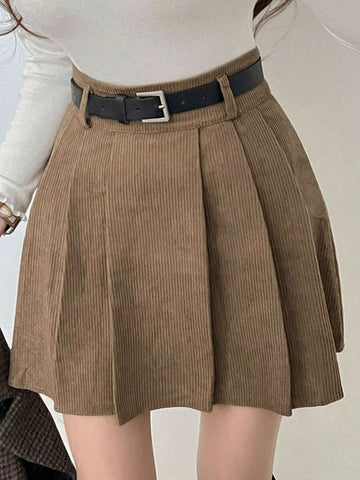 DAZY Women's Solid Color Corduroy Pleated Skirt