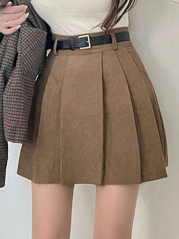 DAZY Women's Solid Color Corduroy Pleated Skirt