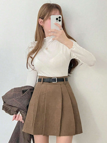 DAZY Women's Solid Color Corduroy Pleated Skirt