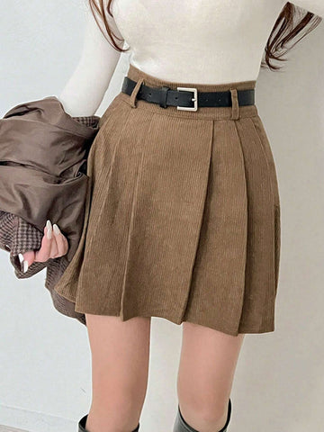 DAZY Women's Solid Color Corduroy Pleated Skirt