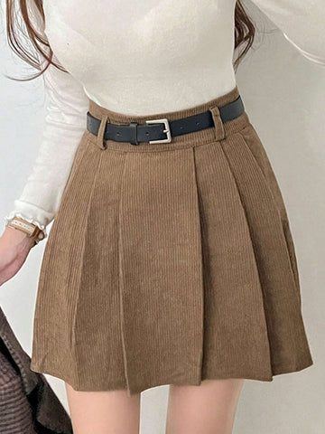 DAZY Women's Solid Color Corduroy Pleated Skirt
