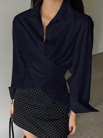 DAZY Women's Solid Color Cross Tie Long Sleeve Blouse