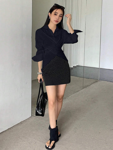 DAZY Women's Solid Color Cross Tie Long Sleeve Blouse