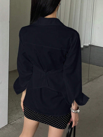 DAZY Women's Solid Color Cross Tie Long Sleeve Blouse