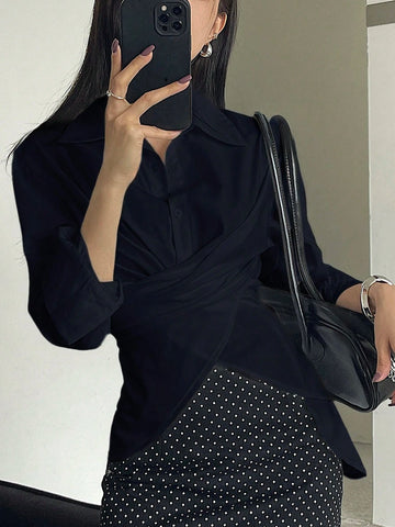 DAZY Women's Solid Color Cross Tie Long Sleeve Blouse