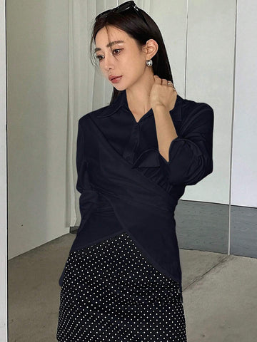 DAZY Women's Solid Color Cross Tie Long Sleeve Blouse