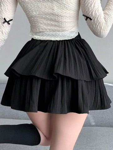 DAZY Women's Solid Color Double Layered Pleated Skirt