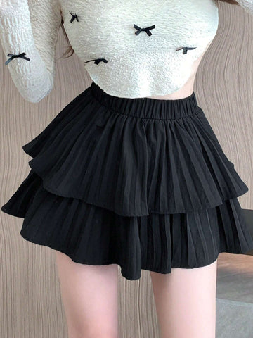 DAZY Women's Solid Color Double Layered Pleated Skirt