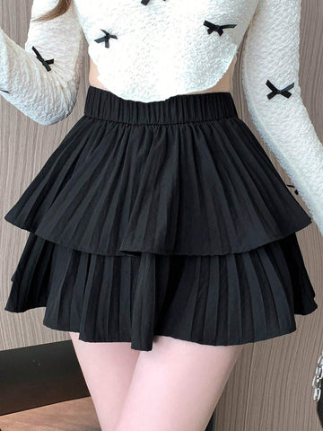 DAZY Women's Solid Color Double Layered Pleated Skirt