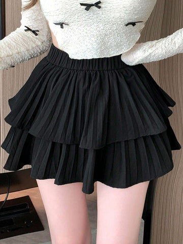 DAZY Women's Solid Color Double Layered Pleated Skirt