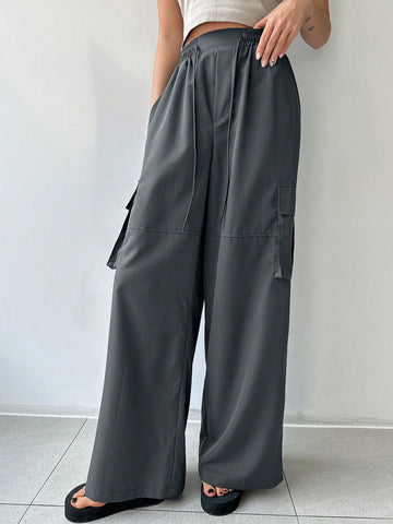 DAZY Women's Solid Color Drawstring Elastic Waist Pocketed Casual Fashion Trousers