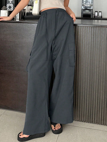 DAZY Women's Solid Color Drawstring Elastic Waist Pocketed Casual Fashion Trousers
