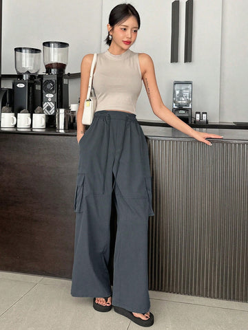 DAZY Women's Solid Color Drawstring Elastic Waist Pocketed Casual Fashion Trousers