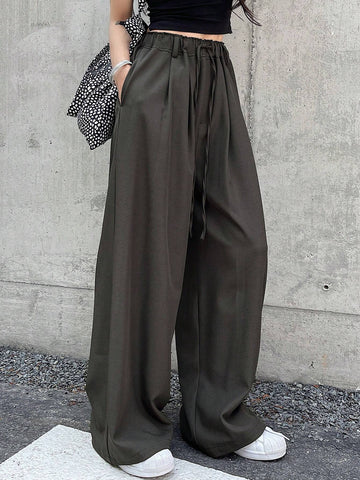 DAZY Women's Solid Color Drawstring Waist Wide-Leg Casual Pants