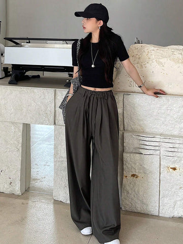 DAZY Women's Solid Color Drawstring Waist Wide-Leg Casual Pants