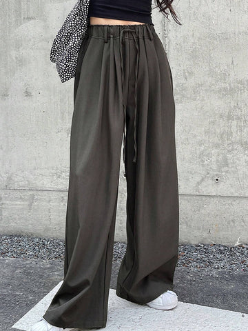 DAZY Women's Solid Color Drawstring Waist Wide-Leg Casual Pants