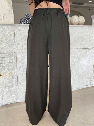 DAZY Women's Solid Color Drawstring Waist Wide-Leg Casual Pants