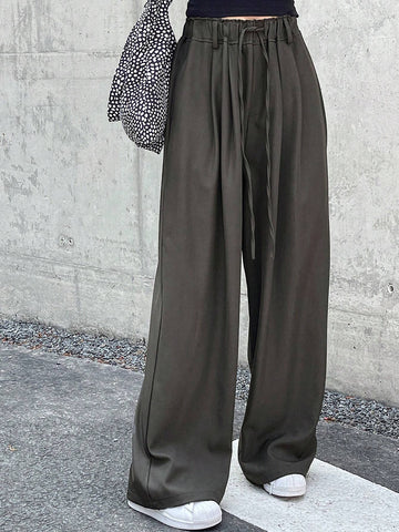 DAZY Women's Solid Color Drawstring Waist Wide-Leg Casual Pants