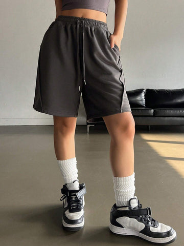 DAZY Women's Solid Color Drawstring Waist Wide Leg Casual Shorts