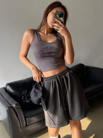 DAZY Women's Solid Color Drawstring Waist Wide Leg Casual Shorts