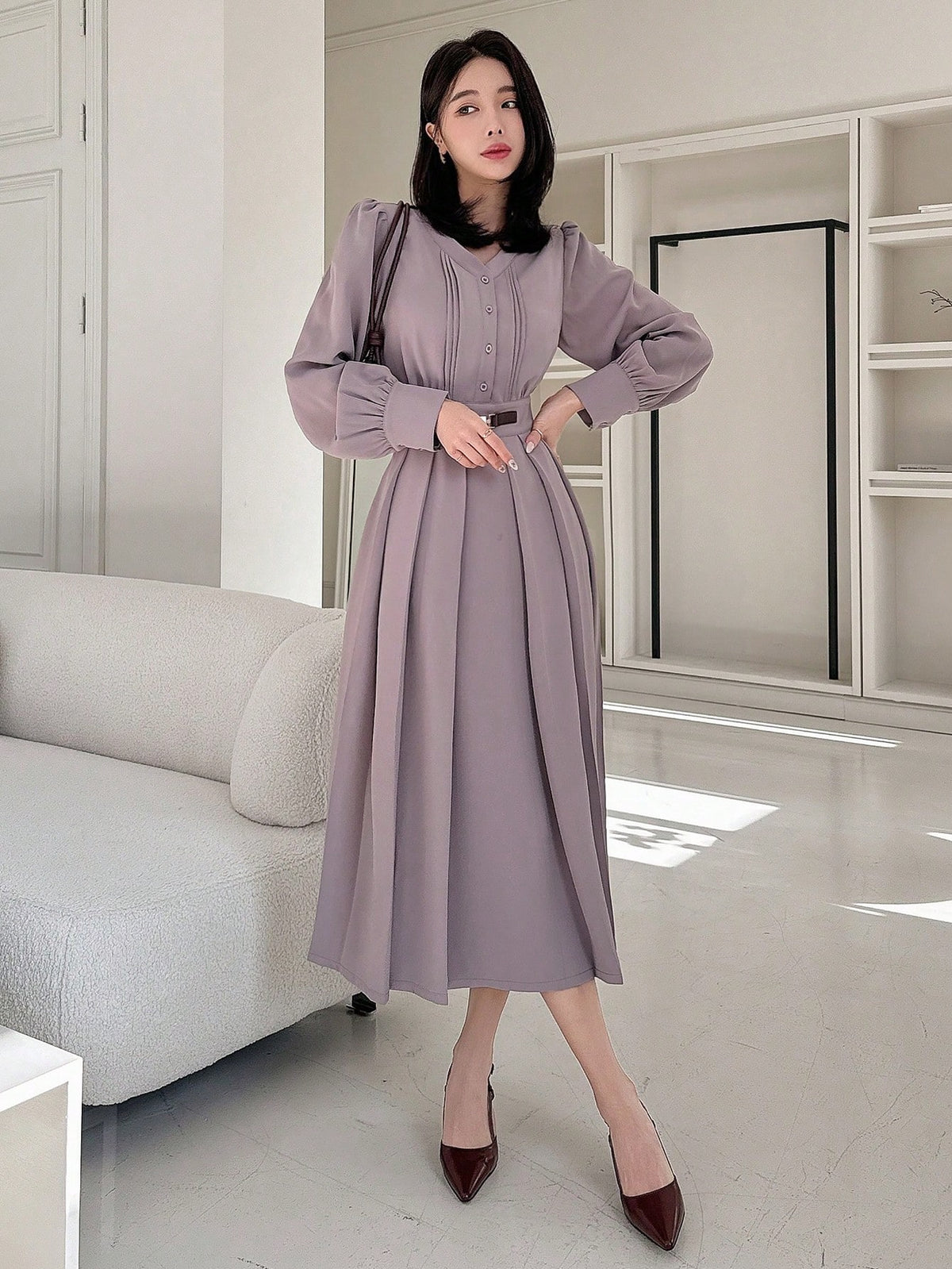 DAZY Women's Solid Color Dress With Pleats And Leather Buckle Decoration