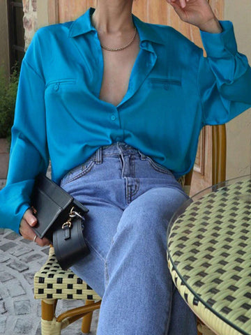 DAZY Women's Solid Color Drop Shoulder Long Sleeve Single Breasted Casual Shirt, Autumn