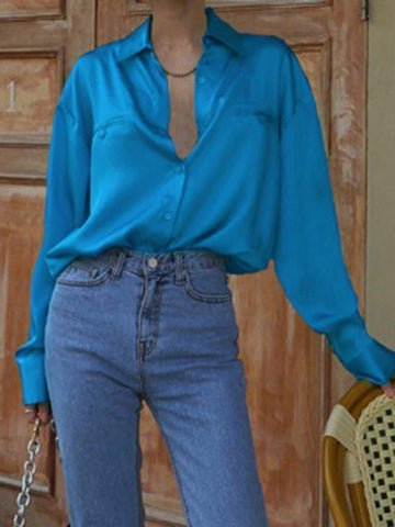 DAZY Women's Solid Color Drop Shoulder Long Sleeve Single Breasted Casual Shirt, Autumn