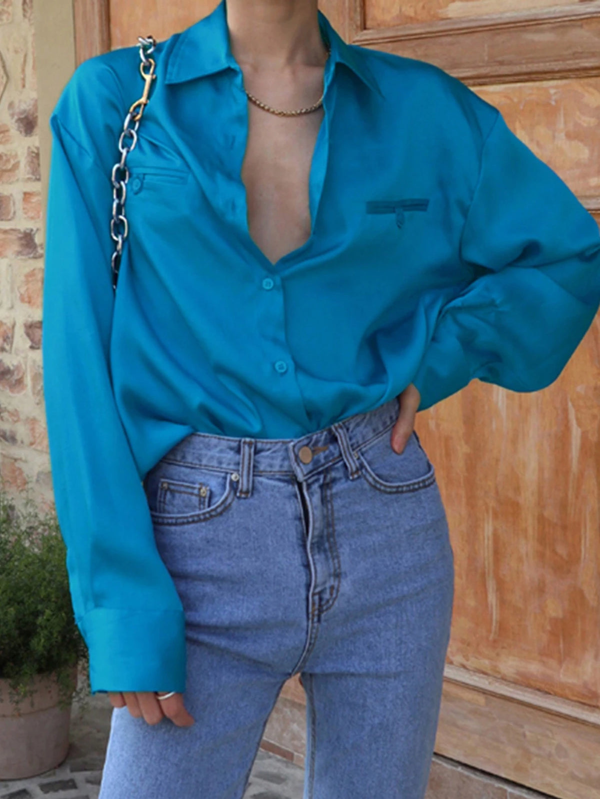 DAZY Women's Solid Color Drop Shoulder Long Sleeve Single Breasted Casual Shirt, Autumn