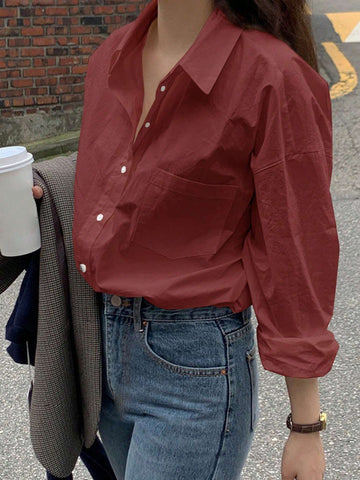 DAZY Women's Solid Color Dropped Shoulder Long Sleeve Pocket Loose Casual Shirt, Autumn