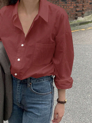 DAZY Women's Solid Color Dropped Shoulder Long Sleeve Pocket Loose Casual Shirt, Autumn