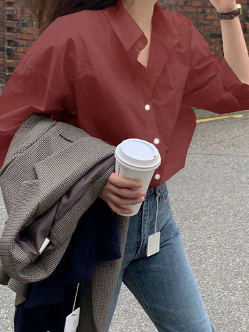 DAZY Women's Solid Color Dropped Shoulder Long Sleeve Pocket Loose Casual Shirt, Autumn