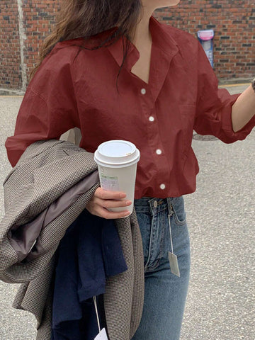 DAZY Women's Solid Color Dropped Shoulder Long Sleeve Pocket Loose Casual Shirt, Autumn