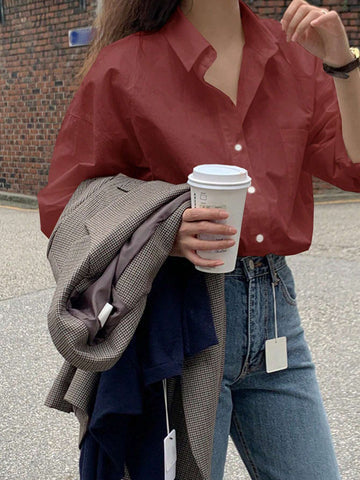 DAZY Women's Solid Color Dropped Shoulder Long Sleeve Pocket Loose Casual Shirt, Autumn